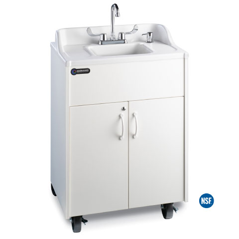 Premier Brite White Portable Hot Water Handwashing Sink with White Laminate Cabinet and Integrated White ABS Countertop and Sink Basin