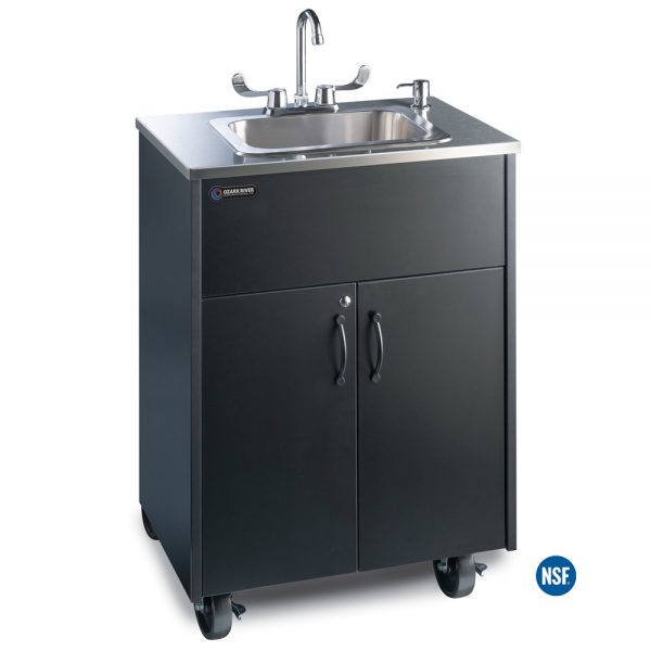 Premier S1D Black Portable Hot Water Handwashing Sink with Black Laminate Cabinet, Stainless Countertop, and Deep Single Stainless Basin