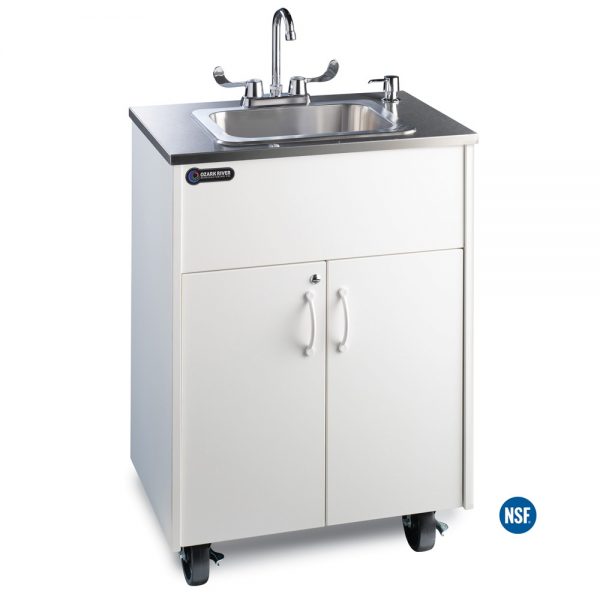 Premier S1D White Portable Hot Water Handwashing Sink with White Laminate Cabinet, Stainless Countertop, and Deep Single Stainless Basin