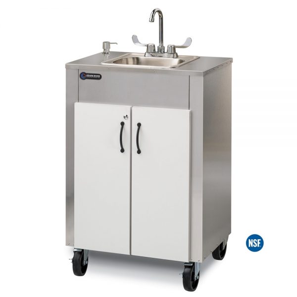 Elite LS1 White portable hot water hand washing sink with white HDPE doors, stainless cabinet, and single stainless steel sink basin