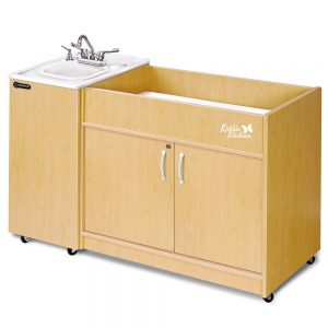 Kiddie Station Diaper Changing and Portable Hot Water Handwashing Sink with Maple Cabinets and White Integrated ABS Countertop and Single Sink Basin