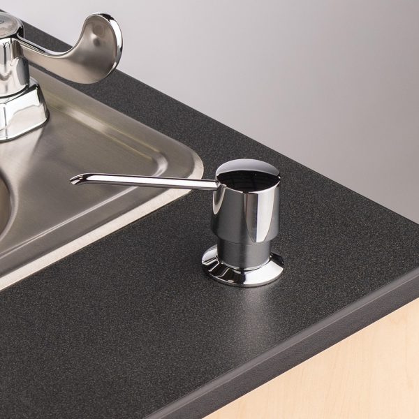 Laminate countertop with close-up of built-in soap dispenser