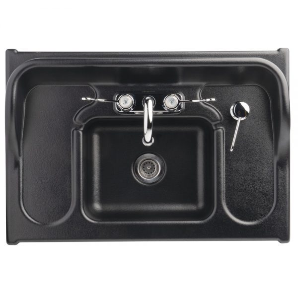 Integrated black ABS countertop and sink basin with built-in soap dispenser