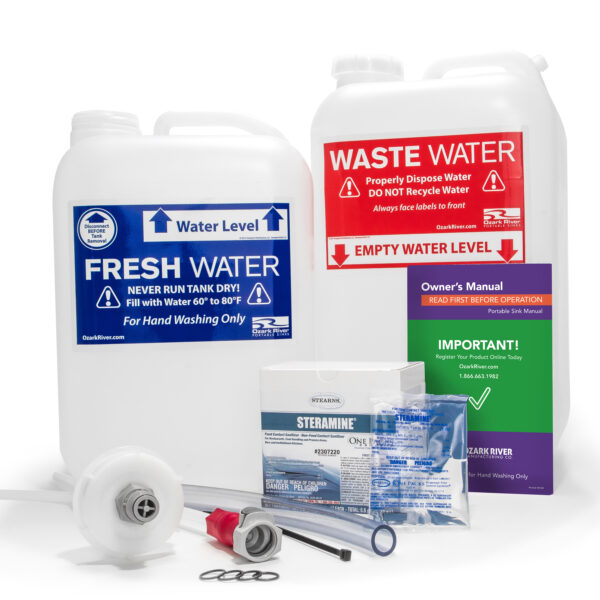 Clean Start Kit for Maintaining and Sanitizing Ozark River Portable Sinks with fresh and waste water tanks, steramine, and replacement parts
