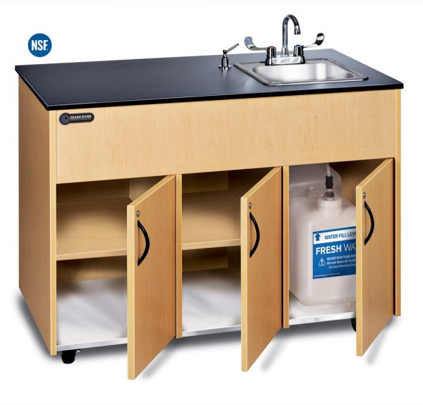 Advantage 1D Portable Hot Water Handwashing Sink with Maple Laminate Cabinets Open Displaying Storage and Fresh Water Tank, Laminate Countertop, and Single Deep Stainless Basin