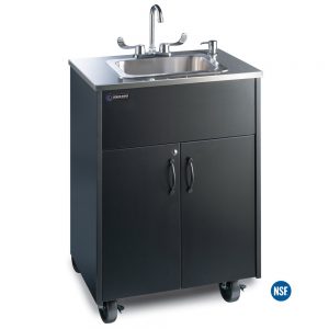 Premier S1D Black Portable Hot Water Handwashing Sink with Black Laminate Cabinet, Stainless Countertop, and Deep Single Stainless Basin