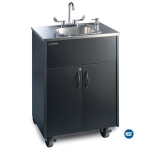 Premier S1 Black Portable Hot Water Handwashing Sink with Black Laminate Cabinet, Stainless Countertop, and Single Stainless Basin