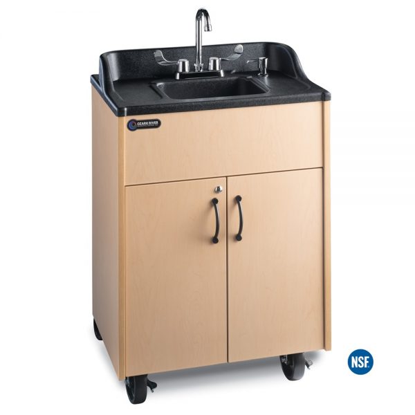 Premier Portable Hot Water Handwashing Sink with Maple Laminate Cabinet and Integrated Black ABS Countertop and Sink Basin