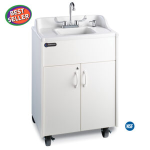 Premier Brite White Portable Hot Water Handwashing Sink with White Laminate Cabinet and Integrated White ABS Countertop and Sink Basin