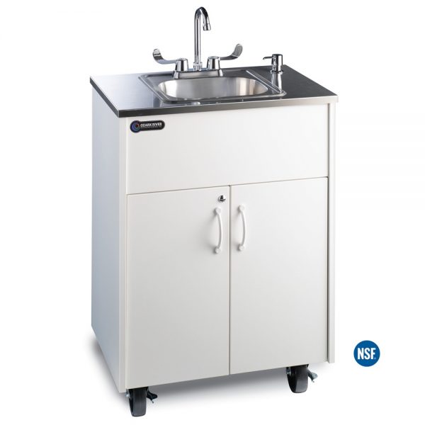 Premier S1 White Portable Hot Water Handwashing Sink with White Laminate Cabinet, Stainless Countertop, and Single Stainless Basin