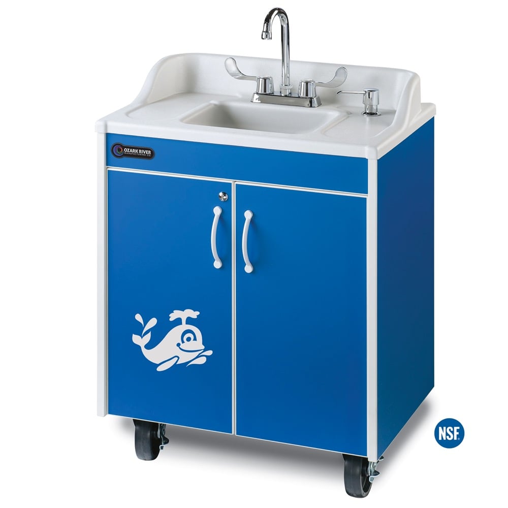 Lil Splasher Child Height Portable Hot Water Handwashing Sink with Blue Laminate Cabinet and Integrated White ABS Sink Basin