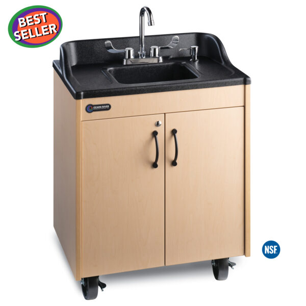Lil Premier Child Height Portable Hot Water Handwashing Sink with Maple Laminate Cabinet and Black Integrated ABS Countertop and Sink Basin