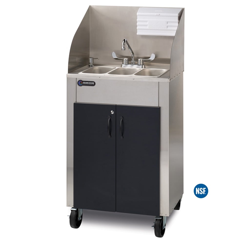 Elite PRO3 Black portable hot water hand washing sink with black HDPE doors, stainless cabinet, triple stainless steel sink basins, HDPE splashguard, and M-Fold towel dispenser