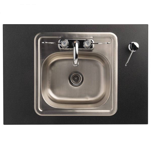 Laminate countertop and single stainless steel sink basin with built-in soap dispenser