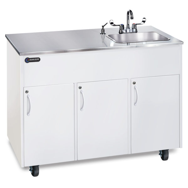 Advantage S1D Portable Hot Water Handwashing Sink with White Laminate Cabinet, Stainless Countertop, and Single Deep Stainless Basin